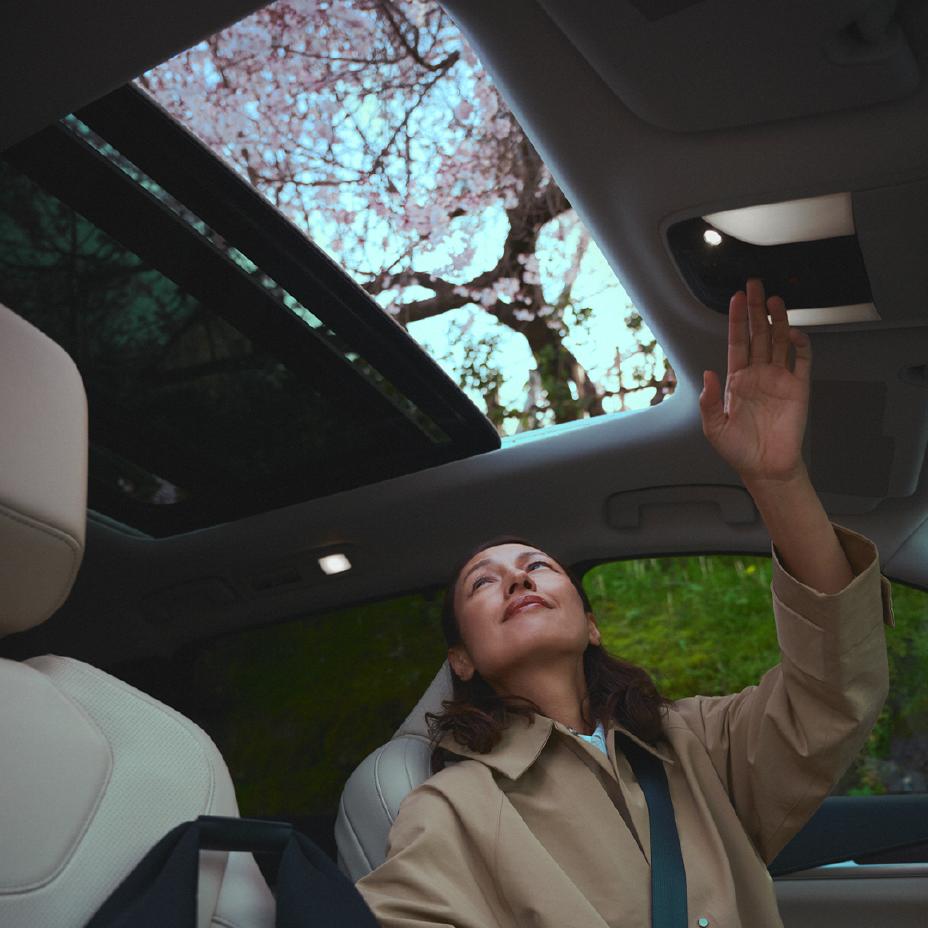 Invitada INFINITI abriendo el quemacocos de su vehículo, a través del cual se aprecia un árbol de cerezo.