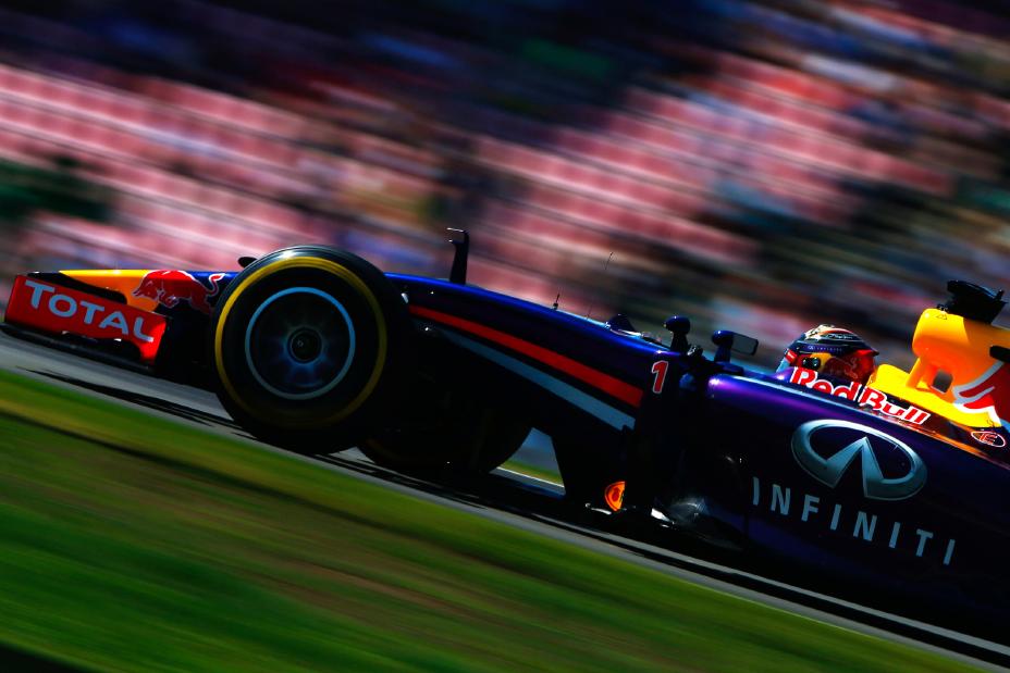 Front half of the right side of an F1 in the middle of a race