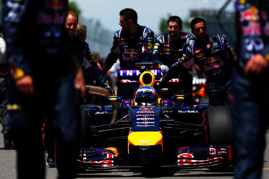 Infiniti red Bull team prepping the car for the 2014 Canadian Grand Prix race.