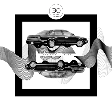 An abstract black and white graphic of two cars and the words "30 years forward. INFINITI x Bose"