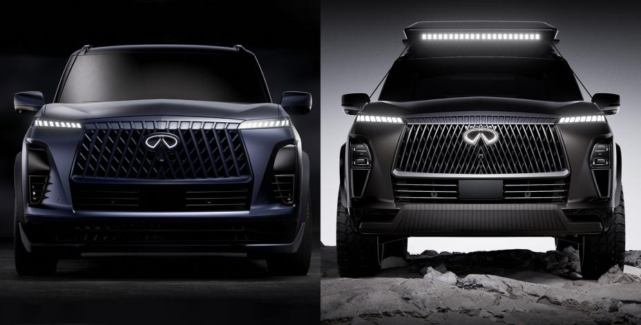 A collage of two front view images of the QX80 Track and Terrain Spec concepts