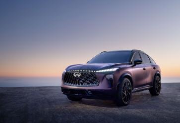 Front right 3/4 angle of the QX65 Monograph at sunset.