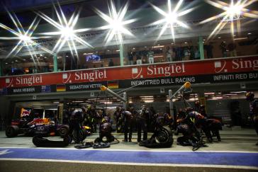 Sebastian Vettel arrives in the pits for a tire stop at the 2013 Singapore Grand Prix.