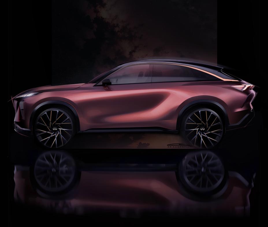 Profile view of the QX65 Monograph in a dark room, light reflects off the body.