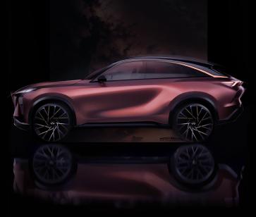 Profile view of the QX65 Monograph in a dark room, light reflects off the body.