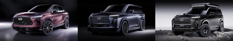 Collage d’images de trois concepts INFINITI, notamment le QX65 Monograph, le QX80 Terrain Spec, et le QX80 Track Spec.