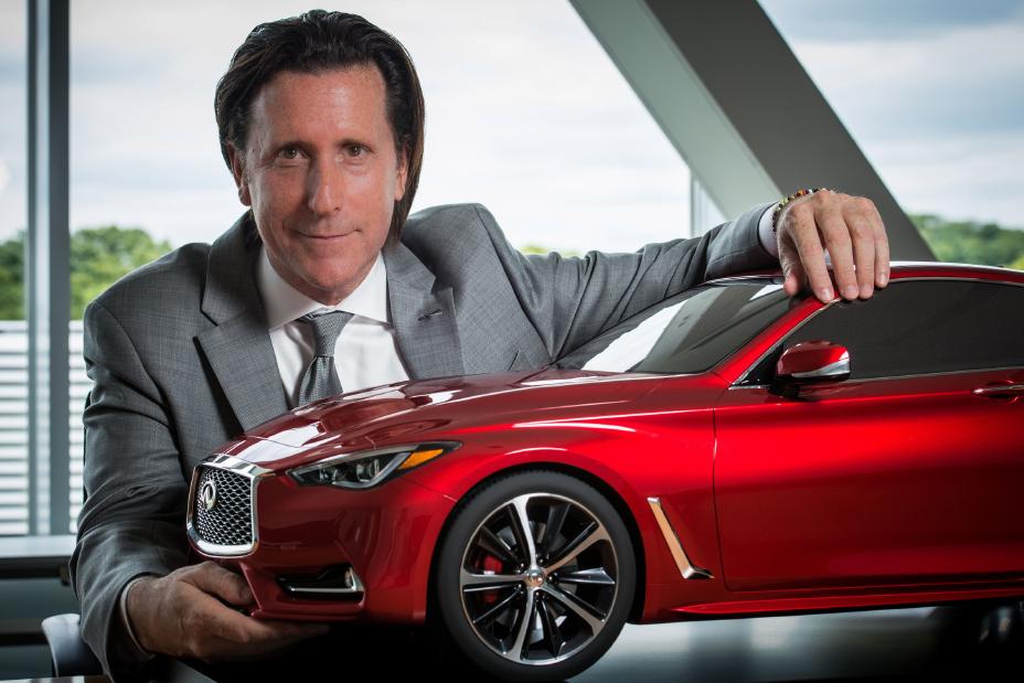 Alfonso Albasia with two hands on a mini red model of an INFINITI vehicle