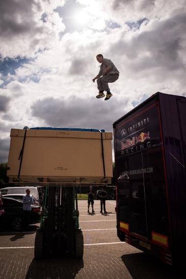 MILTON KEYNES, UK (July 13, 2015) – Red Bull's world champion free runner, Ryan Doyle, defied gravity at INFINITI Red Bull Racing’s F1 factory in Milton Keynes on a recent visit. Sit back and check out how the factory becomes the ultimate free running F1 playground. Ryan's creative free running style and strength, combined with his background in martial arts and a philosophy of not living in fear and making mistakes, take his art to the next level.