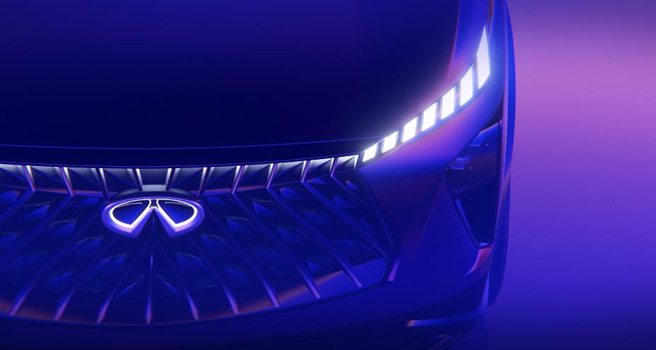 Partial hood and grill view of the QX65 Monograph, a haze of violet and blue light consumes the space.