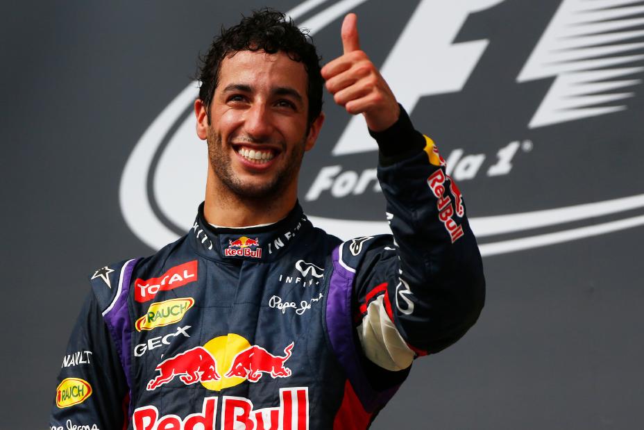 Red Bull Infiniti race car driver giving a thumbs up.