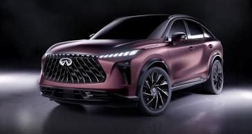 Front left 3/4 angle of the QX65 Monograph in a dark space with showroom lighting.