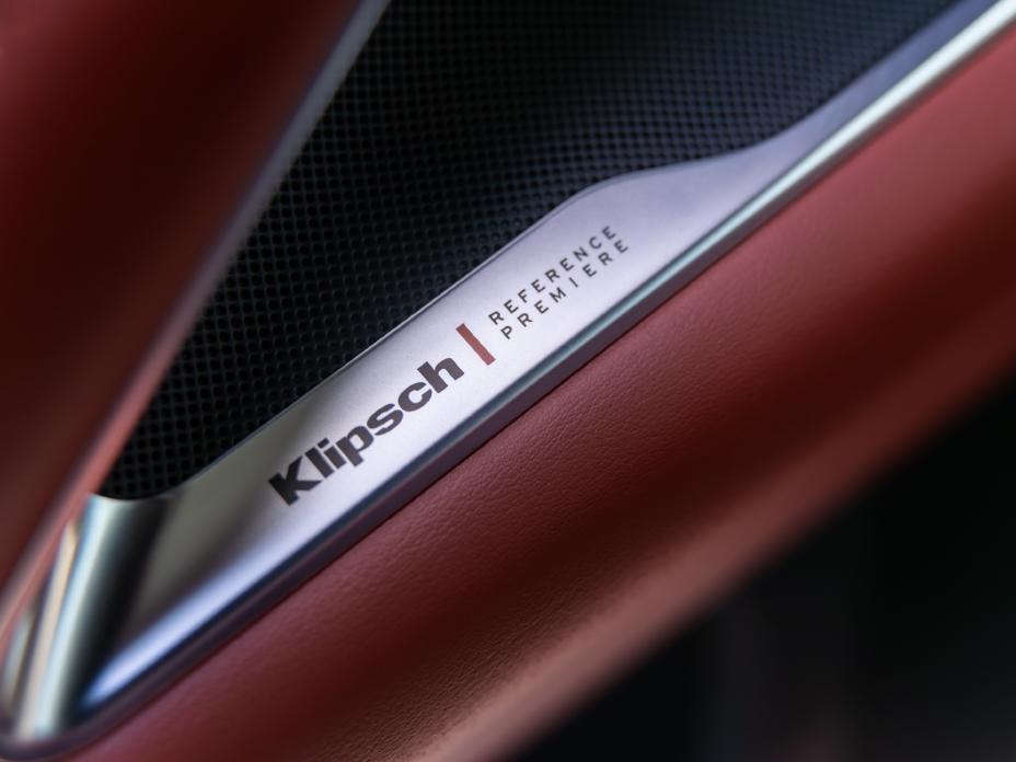 Close up of the Klipsch logo on the Klipsch headrest speakers inside the 2027 INFINITI QX65.