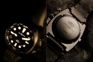 A front and back photo of an INFINITI carbon case purple 8 pro dial wristwatch