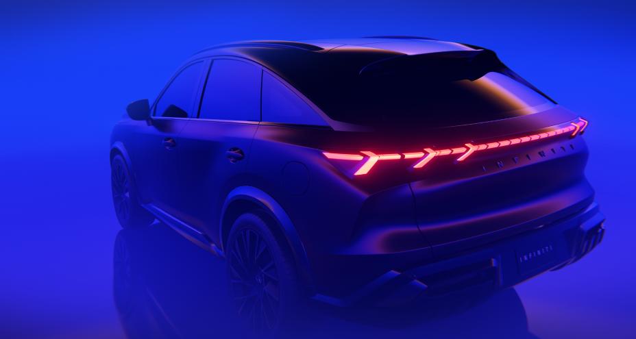 Rear angled view of the QX65 Monograph parked in a haze of bright blue light, the taillights are on.