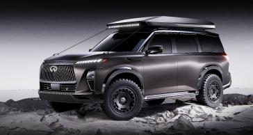 Angled profile view of the INFINITI QX80 Terrain Spec, light shines on the SUV from the side.