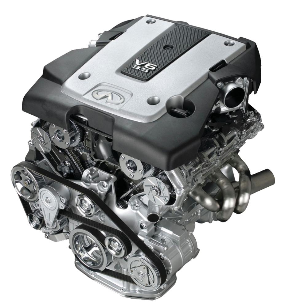 Acercamiento al motor V6 3.5 de INFINITI, mostrando en detalle componentes y elementos del bloque de la familia VQ.