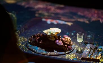 Close-up of gourmet dish with digital projection