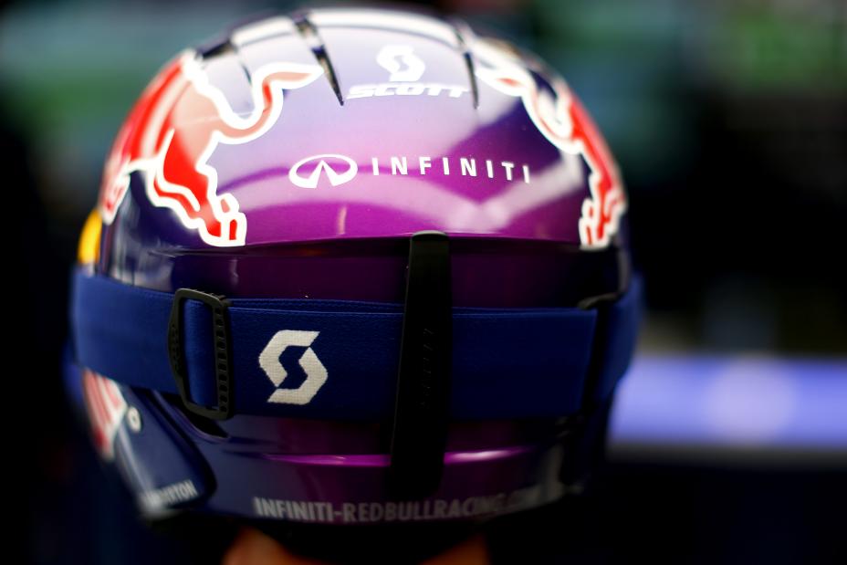 Close up image of INFINITI racer's purple and blue helmet from the back