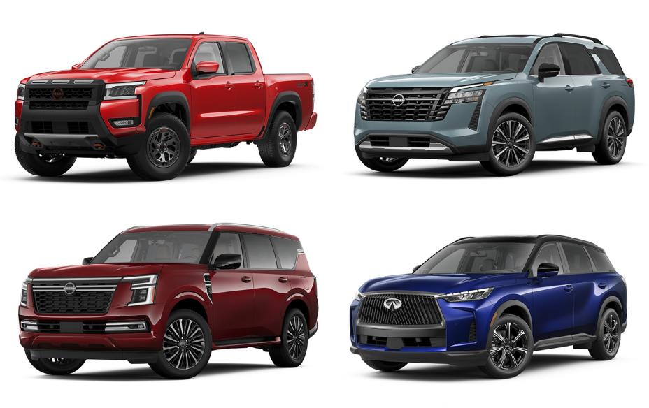 A photo collage of the 2026 Nissan Frontier, Armada, Pathfinder and INFINITI QX60.