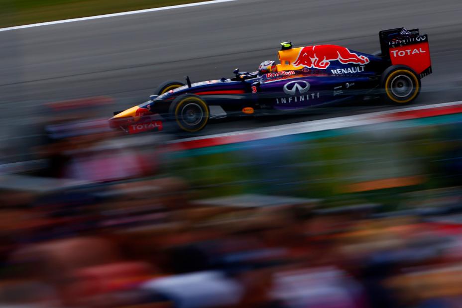 F1 racecar picking up speed in the race