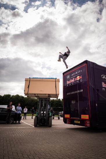 MILTON KEYNES, UK (July 13, 2015) – Red Bull's world champion free runner, Ryan Doyle, defied gravity at INFINITI Red Bull Racing’s F1 factory in Milton Keynes on a recent visit. Sit back and check out how the factory becomes the ultimate free running F1 playground. Ryan's creative free running style and strength, combined with his background in martial arts and a philosophy of not living in fear and making mistakes, take his art to the next level.