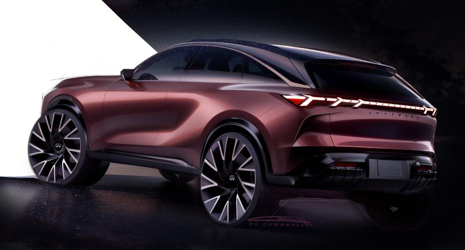 Rear angled view of the QX65 Monograph, the large wheels are angled.
