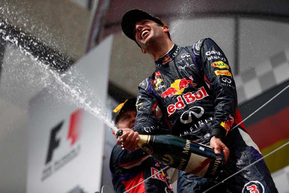 Red Bull F1 team celebrating the Canadian Grand Prix victory.