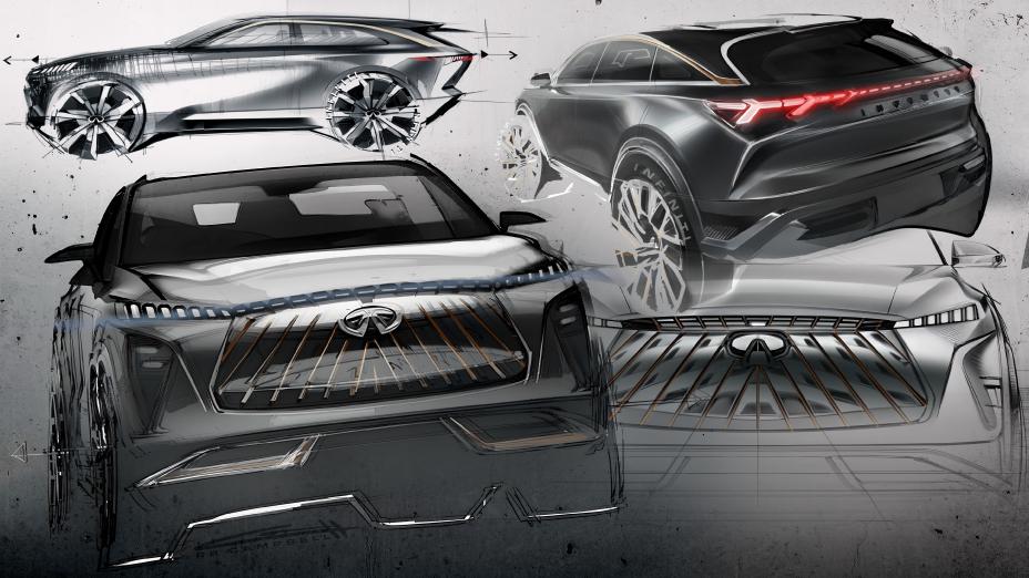 A collage of angled sketches of the QX65 Monograph.