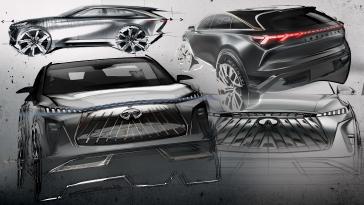 A collage of angled sketches of the QX65 Monograph.