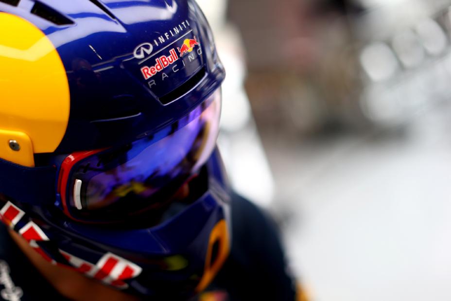 Close up image of INFINITI racer's blue and yellow helmet