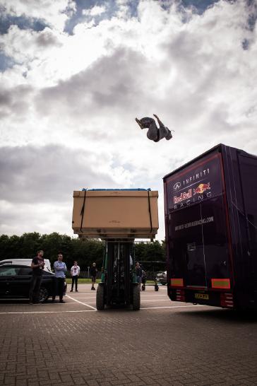 MILTON KEYNES, UK (July 13, 2015) – Red Bull's world champion free runner, Ryan Doyle, defied gravity at INFINITI Red Bull Racing’s F1 factory in Milton Keynes on a recent visit. Sit back and check out how the factory becomes the ultimate free running F1 playground. Ryan's creative free running style and strength, combined with his background in martial arts and a philosophy of not living in fear and making mistakes, take his art to the next level.