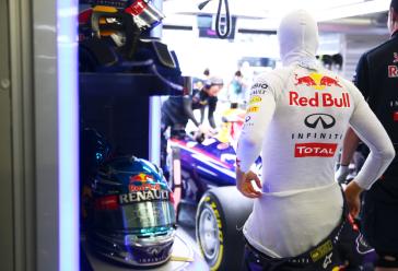 Red Bull Infiniti driver wearing his white driving shirt.