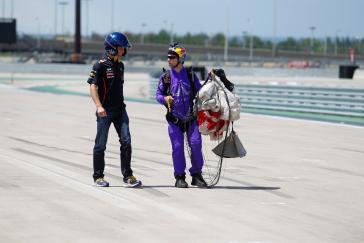Formula One driver and Monaco Grand Prix winner Mark Webber continued performing at the very highest level today -  starring in a dramatic skydive car stunt with Red Bull Air Force Manager Jon DeVore.   