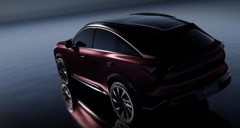 Rear 3/4 angle of the QX65 Monograph parked on a reflective surface.