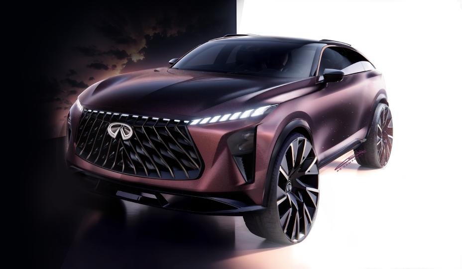 Front left 3/4 angle of the QX65 Monograph parked half in a virtual white space and galaxy space.