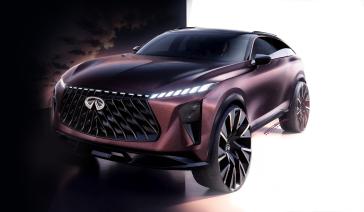 Front left 3/4 angle of the QX65 Monograph parked half in a virtual white space and galaxy space.