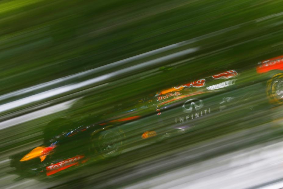Blurry photo looking through the tress at a F1 car.