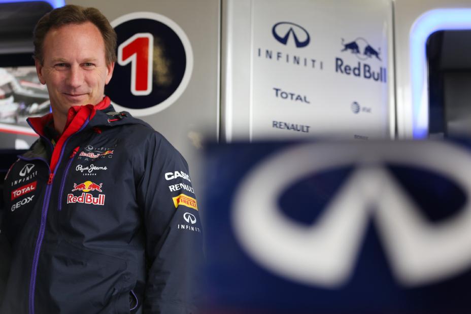 Christian Horner with a blurry INFINITI logo in the foreground