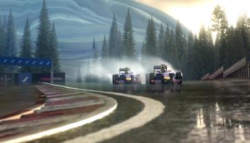 Two race cars on a wet track