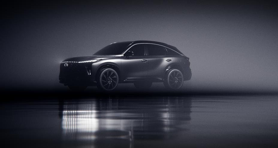 Angled profile view of the QX65 Monograph, it is reflected in virtual water.